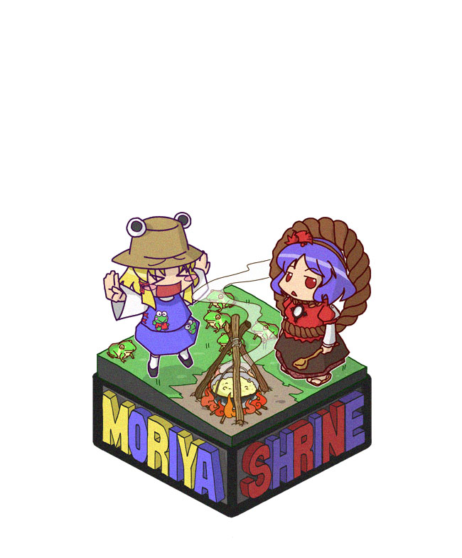 rodney (melagal), keroppi, moriya suwako, pyonta, yasaka kanako, kero kero keroppi, sanrio, touhou, bad id, bad pixiv id, > <, 2girls, blonde hair, blush, blush stickers, chibi, closed eyes, cooking, female focus, fire, frog, hat, isometric, multiple girls, outstretched arms, purple hair, short hair, simple background, spread arms, white background