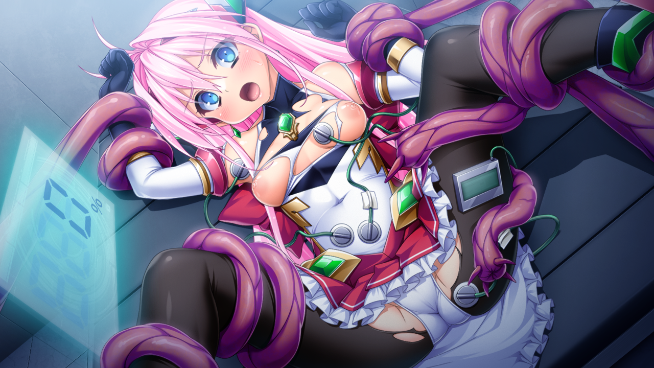 kamitsurugi ouka, aikawa haruno, exs-tia ignis, kouyoku senki exs-tia concert, game cg, large variant set, non-web source, official art, variant set, 1girl, :o, black gloves, black pantyhose, blue eyes, blush, bound, breasts, breasts out, chest jewel, covered navel, detached sleeves, elbow gloves, frills, gloves, hair intakes, headgear, imminent rape, leotard, long hair, lying, magical girl, medium breasts, nipples, on back, open mouth, panties, panties under pantyhose, pantyhose, pink hair, red skirt, restrained, skirt, solo, spread legs, tentacles, torn clothes, torn pantyhose, underwear
