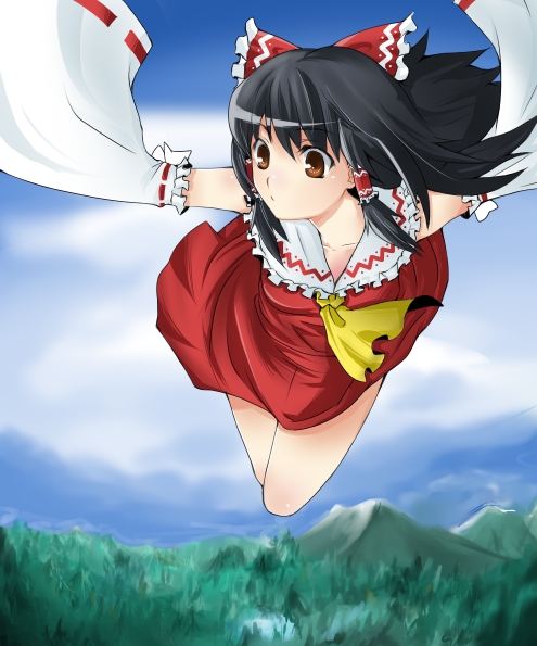hitoto, hakurei reimu, touhou, bad id, bad pixiv id, 1girl, black hair, brown eyes, cloud, day, detached sleeves, female focus, flying, japanese clothes, long hair, looking down, miko, ribbon, sky, solo, wide sleeves