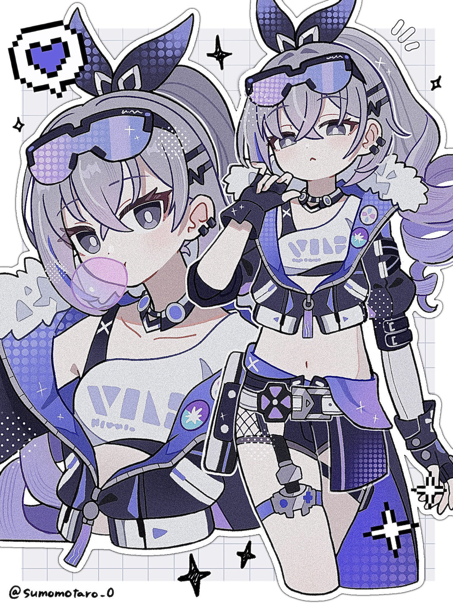 omuyan, silver wolf (honkai: star rail), honkai: star rail, honkai (series), highres, 1girl, belt, black gloves, black jacket, black shorts, blowing bubbles, chewing gum, crop top, cropped jacket, crossed bangs, ear piercing, eyewear on head, fingerless gloves, fur-trimmed jacket, fur trim, gloves, goggles, goggles on head, grey eyes, grey hair, jacket, long hair, looking at viewer, midriff, multicolored hair, multiple views, navel, piercing, ponytail, shirt, shorts, thigh strap, tinted eyewear, white belt, white shirt