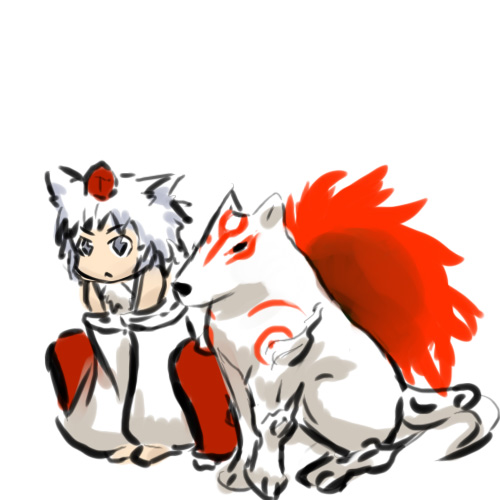 mimidori, amaterasu (ookami), inubashiri momiji, ookami (game), touhou, bad id, bad pixiv id, lowres, 1girl, animal ears, female focus, hat, simple background, solo, squatting, white background, wolf ears