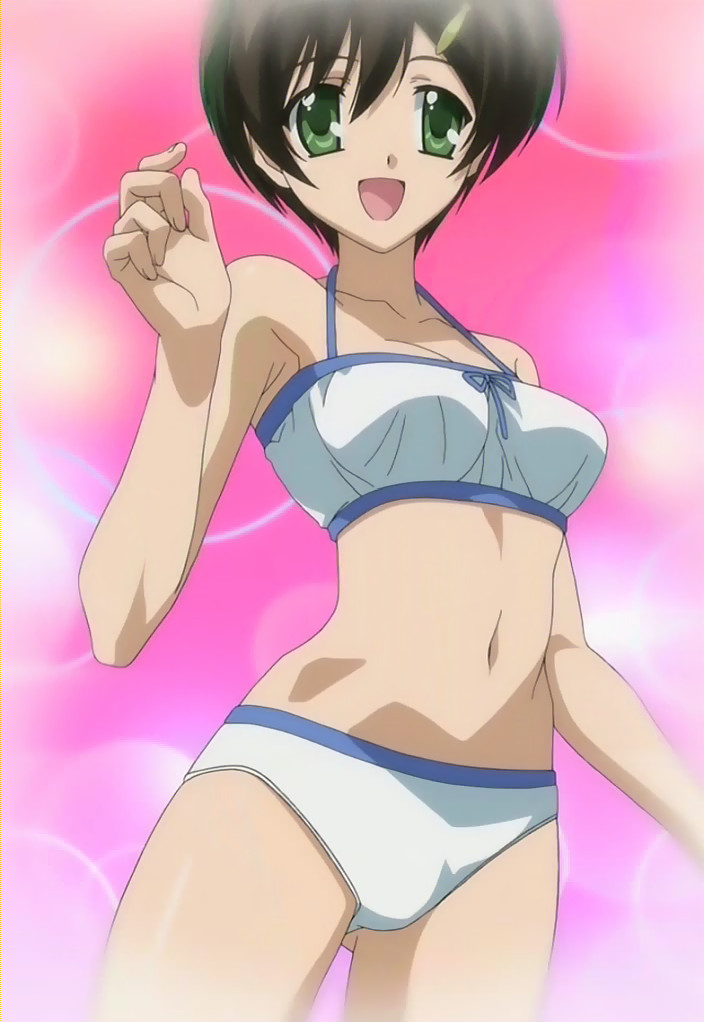 ishizuki mana, sola, anime screenshot, stitched, third-party edit, 00s, bikini, black hair, short hair, solo, swimsuit
