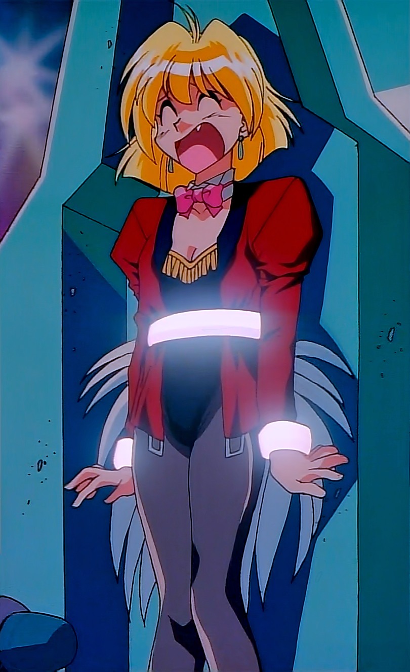 millennium feria nocturne, lost universe, anime screenshot, highres, 1990s (style), 1girl, bdsm, bow, bowtie, closed eyes, fang, female focus, jacket, leotard, pantyhose, playboy bunny, retro artstyle, solo