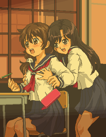 kasuga (kasuga39), kojima youko, tachibana ayumi, famicom tantei club, nintendo, lowres, 2girls, black eyes, black hair, breasts, brown eyes, brown hair, chair, classroom, desk, grabbing another's breast, groping, indoors, jaggy lines, long hair, multiple girls, oekaki, pencil case, school, school desk, school uniform, sepia, serafuku, sitting, yuri