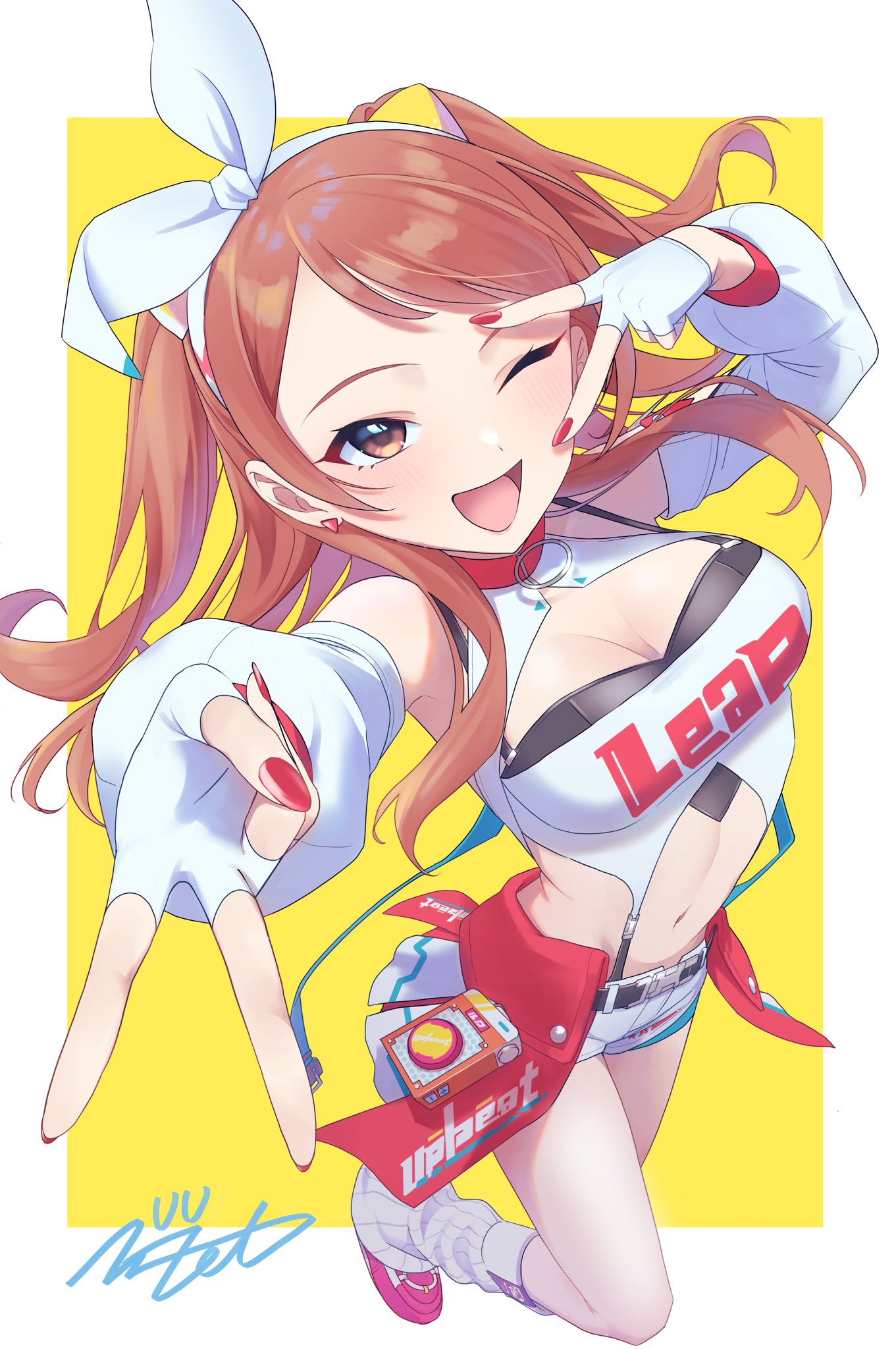 zet zzz, hojo karen, idolmaster, idolmaster cinderella girls, highres, 1girl, breasts, long hair, looking at viewer, medium breasts, navel, open mouth, orange eyes, orange hair, solo, standing, twintails