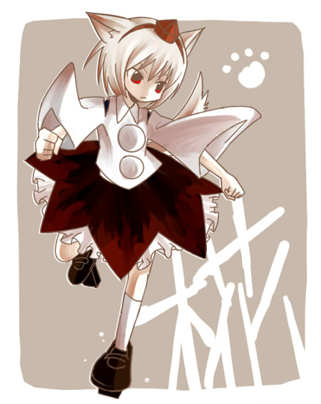 haro (artist), inubashiri momiji, touhou, 1girl, animal ears, character name, child, female focus, geta, hat, red eyes, solo, tengu-geta, white hair, wolf ears