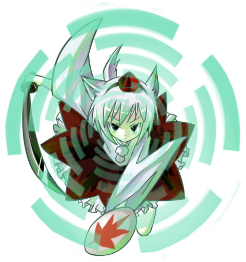haro (artist), inubashiri momiji, touhou, 1girl, animal ears, circle, female focus, fighting stance, hat, looking at viewer, shield, short hair, simple background, solo, sword, tsurime, weapon, white hair, wide sleeves, wolf ears