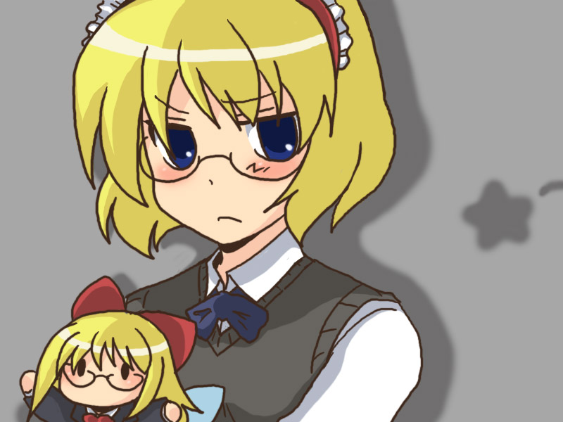 toto (hitori othello), alice margatroid, shanghai doll, touhou, 1girl, bespectacled, blonde hair, blue eyes, blush, female focus, frown, glasses, hairband, matching shanghai, ribbon, short hair, solo, sweater vest