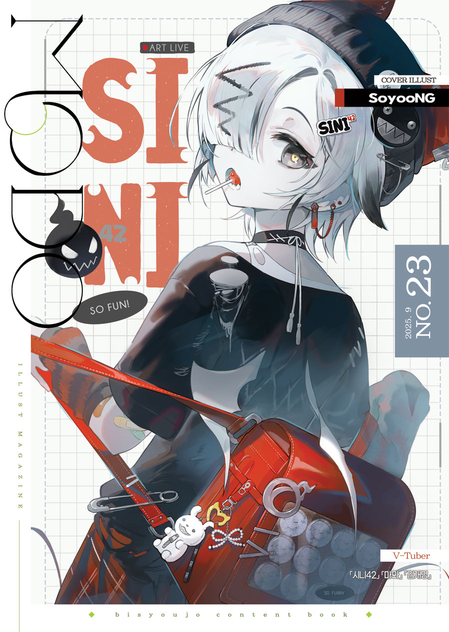 indie virtual youtuber, highres, 1girl, arm warmers, backpack, bag, bag charm, bandaid, bandaid on arm, black choker, black shirt, candy, charm (object), choker, ear piercing, earrings, english text, food, from behind, grey eyes, grey hair, hair ornament, hair over one eye, hairclip, hat, jewelry, lollipop, looking at viewer, looking back, magmodo, multicolored hair, open mouth, piercing, randoseru, red bag, safety pin, shirt, short hair, short sleeves, sini42, solo, upper body, white hair