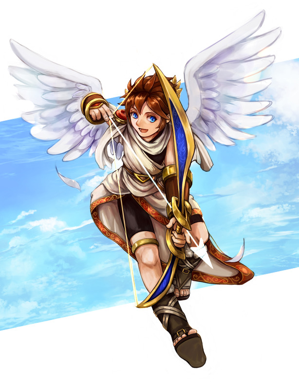 asaryo 2-gou, pit (kid icarus), kid icarus, kid icarus uprising, nintendo, bad id, bad pixiv id, 1boy, aiming, angel, angel wings, arrow (projectile), bike shorts, blue eyes, bow (weapon), brown hair, feathers, full body, holding, holding bow (weapon), holding weapon, laurel crown, male focus, palutena bow (kid icarus), weapon, wings