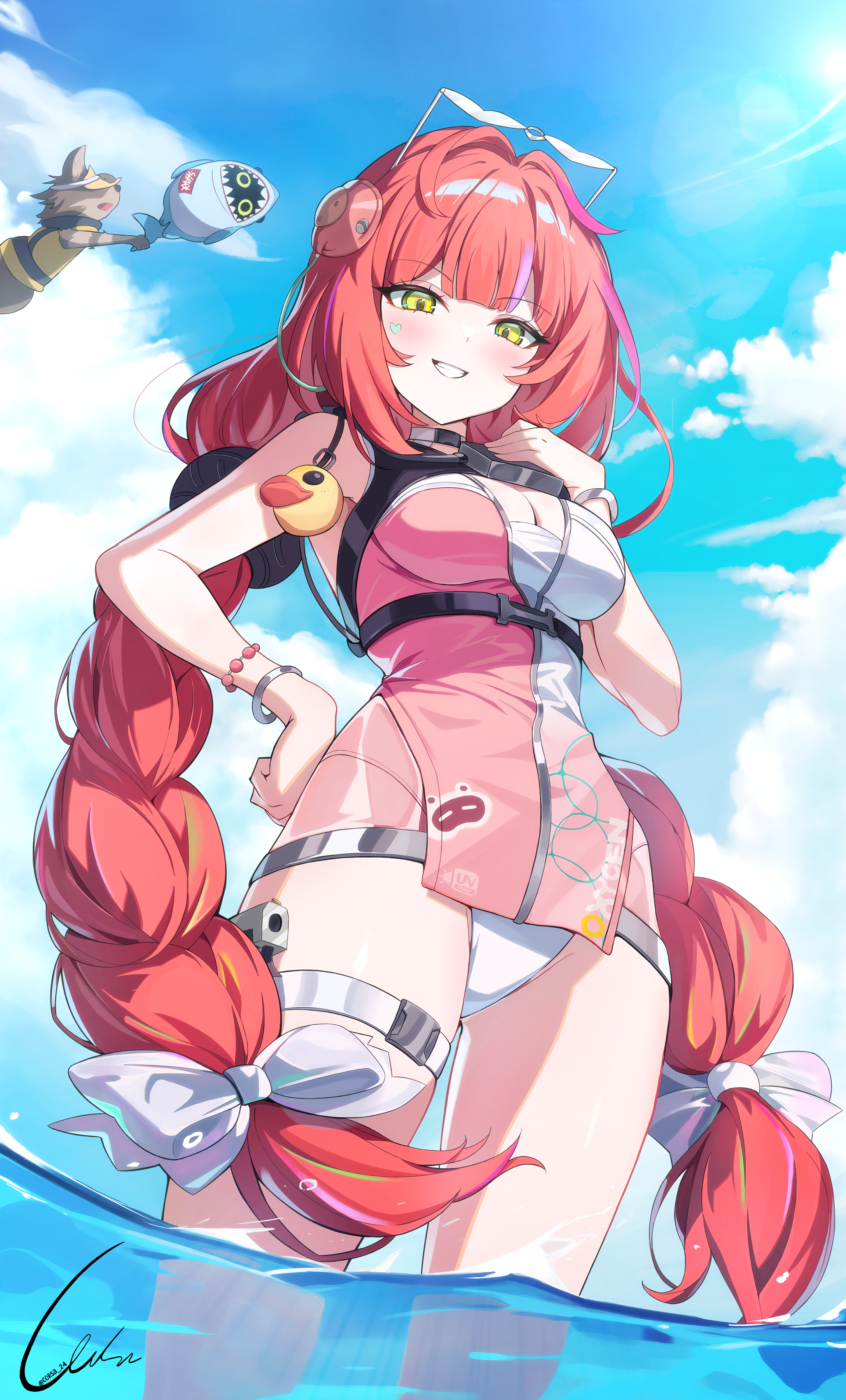 corsa 24, kamanosuke (zenless zone zero), sharkboo (zenless zone zero), ukinami yuzuha, ukinami yuzuha (tanuki in broad daylight), zenless zone zero, absurdres, highres, 1girl, 2others, bikini top under shirt, blush, bracelet, charm (object), eyewear on head, facial mark, green eyes, hair ornament, hair ribbon, hearing aid, heart, heart-shaped eyewear, heart facial mark, in water, jewelry, multiple others, one-piece swimsuit, panties, pink one-piece swimsuit, raccoon, red hair, ribbon, rubber duck, smile, sphere hair ornament, sunglasses, swimsuit, tanuki, thigh strap, thighs, two-tone one-piece swimsuit, underwear, water gun, white panties, white ribbon