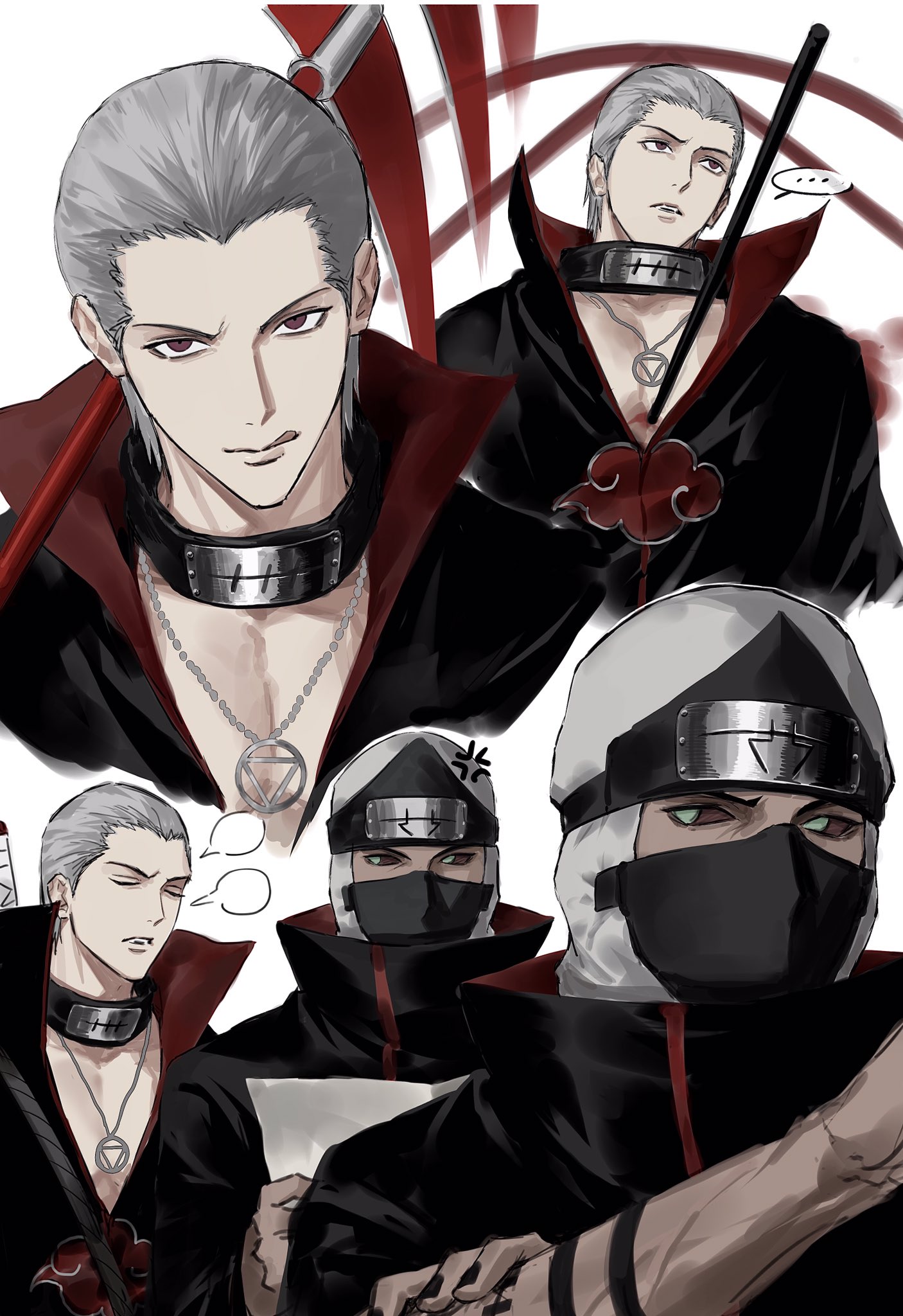 sso s, hidan (naruto), kakuzu (naruto), naruto (series), naruto shippuuden, highres, 2boys, akatsuki uniform, anger vein, blank speech bubble, colored sclera, forehead protector, green eyes, grey hair, hair slicked back, holding, holding scythe, jewelry, looking at viewer, male focus, mask, mouth mask, multiple boys, multiple views, necklace, ninja, ninja mask, red eyes, red sclera, scythe, short hair, simple background, speech bubble, takigakure symbol, upper body, white background