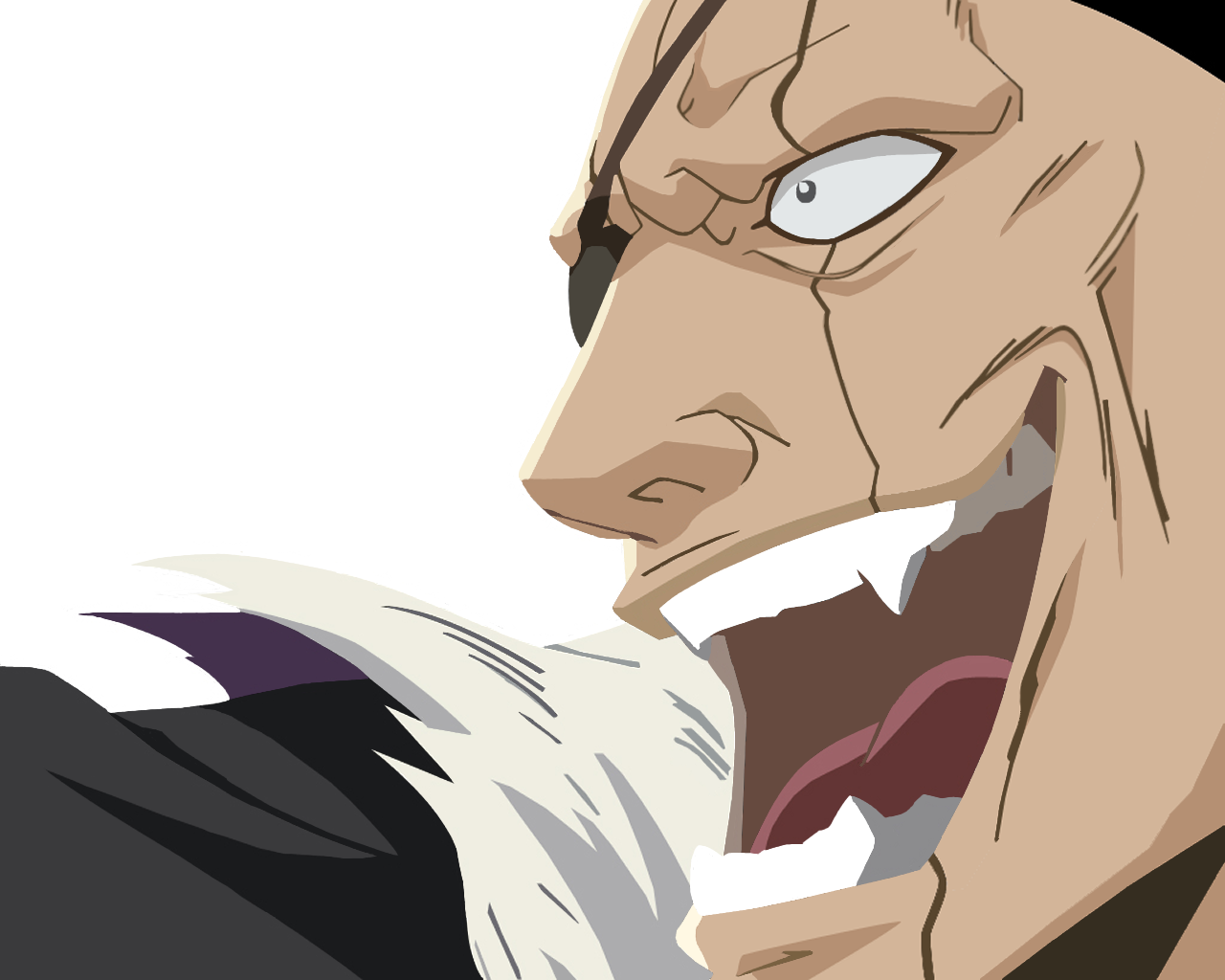 zaraki kenpachi, bleach, 00s, 1boy, black hair, eyepatch, fangs, haori, japanese clothes, male focus, open mouth, solo, taichou haori, tongue
