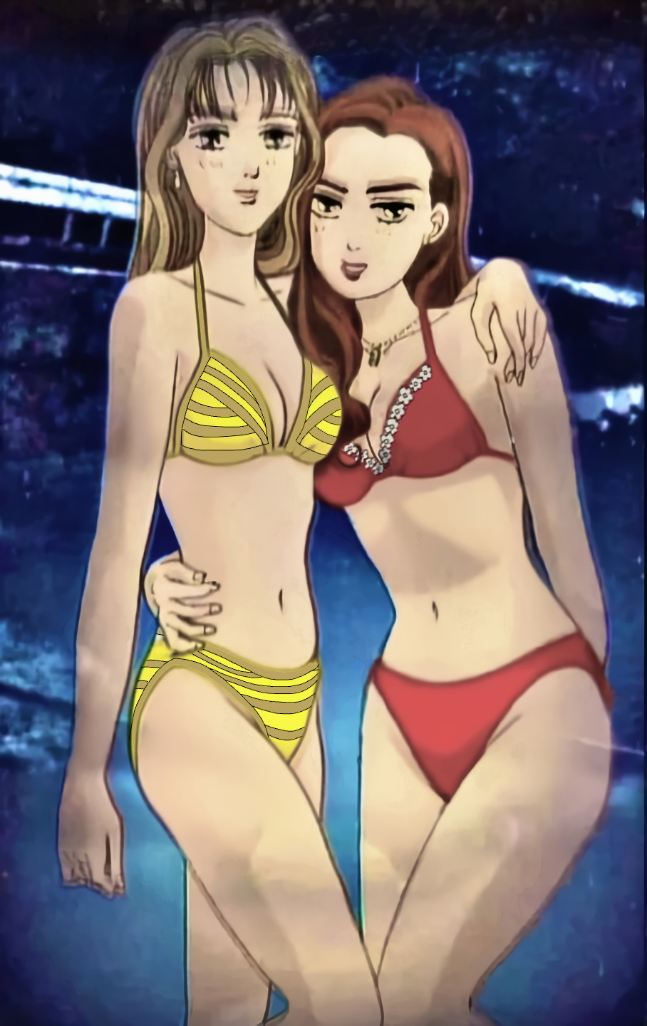 sayuki, satou mako, sayuki (initial d), initial d, absurdres, highres, third-party edit, 2girls, arm support, arms on another's shoulder, arms on waist, belly, bikini, bra, breasts, brown eyes, brown hair, casual, cleavage, crossed legs, day, dutch angle, female focus, hair over shoulder, jewelry, large breasts, leg lift, legs, lips, long hair, looking at viewer, medium breasts, midriff, multiple girls, navel, no socks, outdoors, parted bangs, public indecency, red bikini, right-, ring, shadow, shoes, side slit, sil-eighty, sky, standing, star (symbol), stomach, swept bangs, swimsuit, underwear, wavy hair, yellow bikini