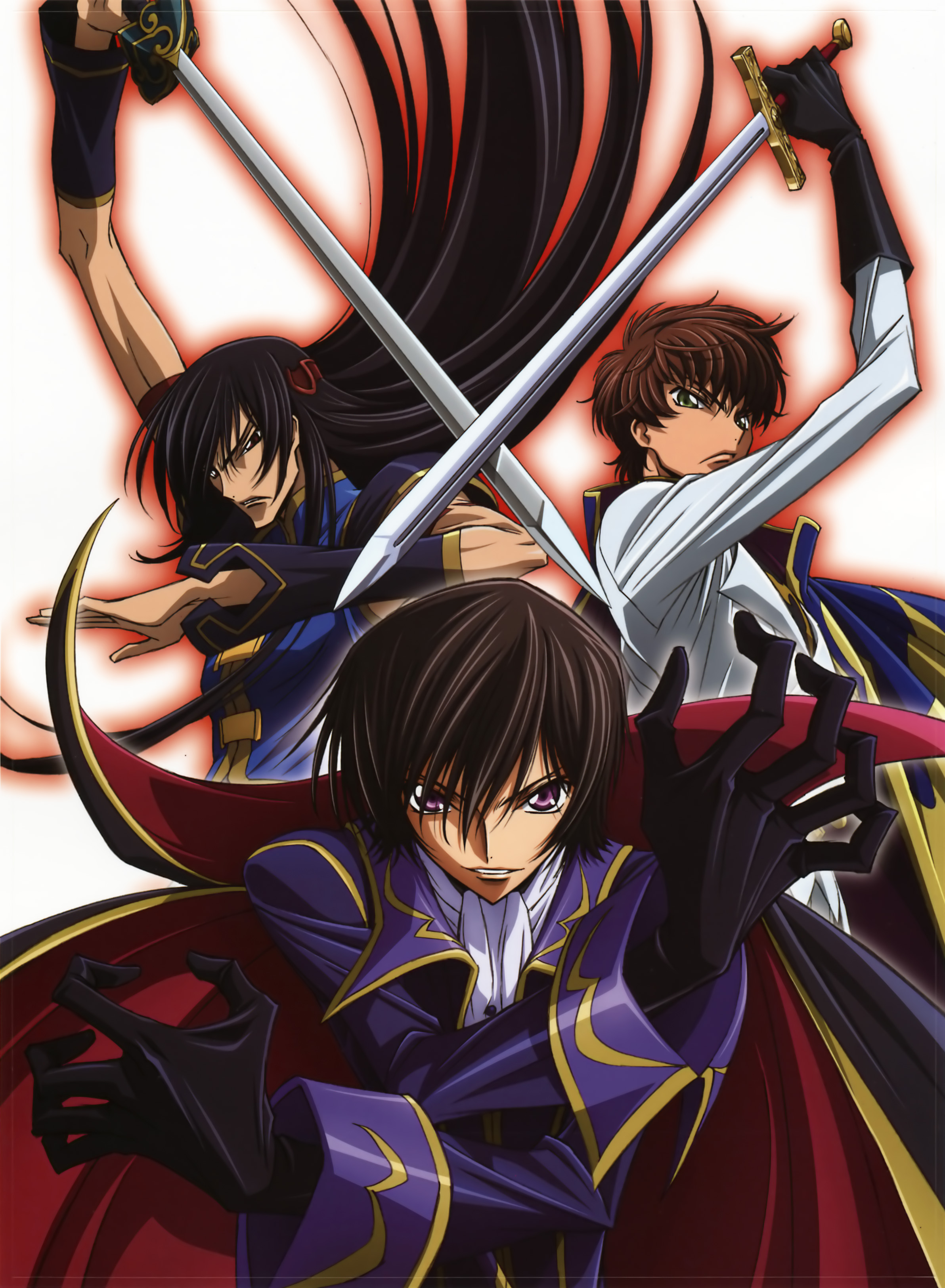 kururugi suzaku, lelouch vi britannia, li xingke, code geass, absurdres, highres, scan, 00s, 3boys, cape, male focus, multiple boys, sword, weapon
