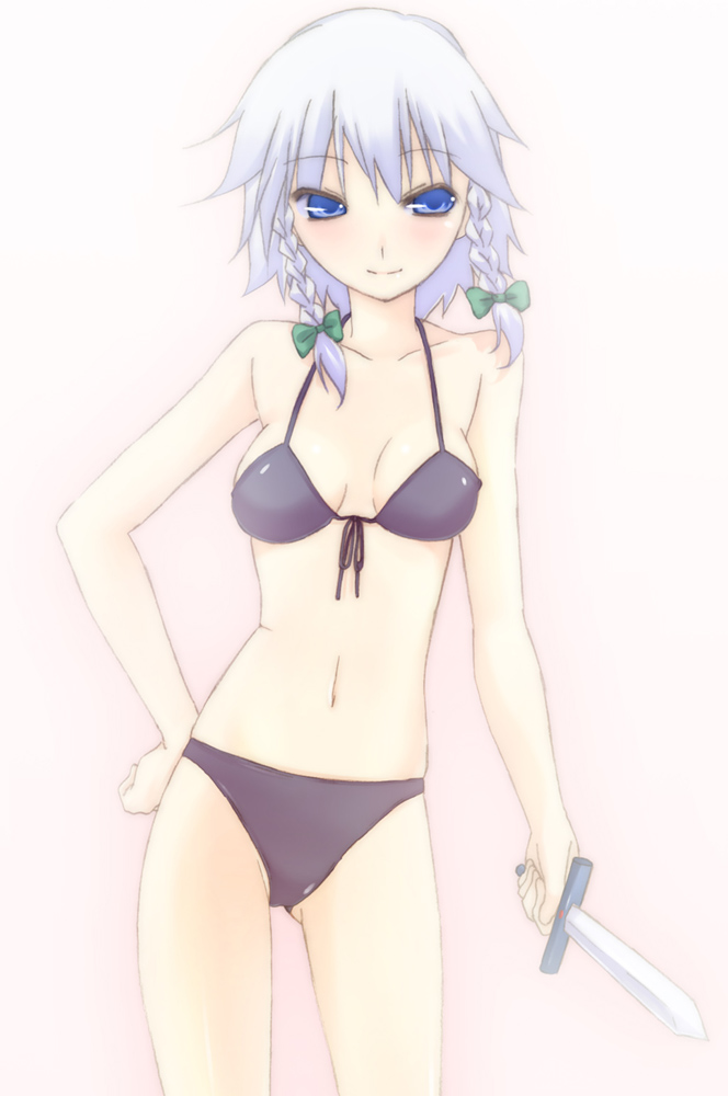 nigo (aozoragarou), izayoi sakuya, touhou, silver hair, 1girl, bikini, blue eyes, braid, breasts, female focus, gradient background, knife, solo, swimsuit, throwing knife, twin braids, weapon, white background