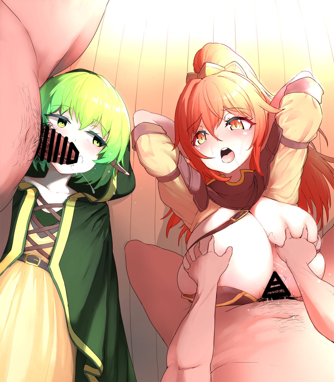 pt, nina (tensei kizoku), tensei kizoku no isekai boukenroku, 2boys, 2girls, arms up, bar censor, breasts, brown eyes, censored, clothed female nude male, clothed sex, fellatio, grabbing another's breast, green eyes, green hair, groping, huge breasts, huge penis, long hair, lying, medium hair, milly (tensei kizoku), multiple boys, multiple girls, nude, open mouth, oral, paizuri, penis, ponytail, tongue
