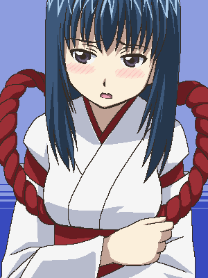 kou (wagaya), kou (wagaya no oinari-sama), wagaya no oinari-sama, lowres, 00s, 1girl, blue hair, blush, female focus, hakama, hakama skirt, japanese clothes, miko, purple eyes, red hakama, skirt, solo