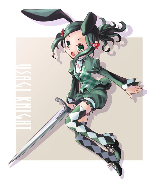 katahira masashi, original, 1girl, animal ears, argyle clothes, argyle thighhighs, blush, female focus, full body, green theme, hair ornament, hairclip, holding, long sleeves, open mouth, plaid clothes, plaid vest, ponytail, puffy sleeves, rabbit ears, rabbit tail, solo, swept bangs, sword, tail, thighhighs, vest, weapon