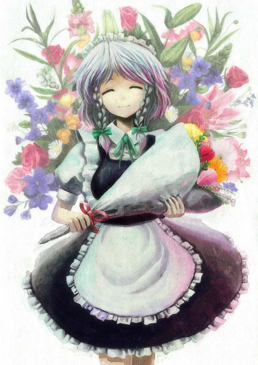 hyuuga azuri, izayoi sakuya, touhou, highres, 1girl, bouquet, braid, daisy (flower), female focus, flower, hair ribbon, lily (flower), maid, red flower, red rose, ribbon, rose, short hair, smile, solo, twin braids