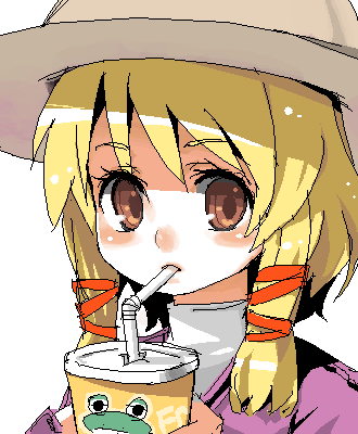 smarttiger, moriya suwako, touhou, bad id, bad pixiv id, lowres, 1girl, blonde hair, drink, drinking, drinking straw, female focus, frog, hat, ribbon, short hair, solo