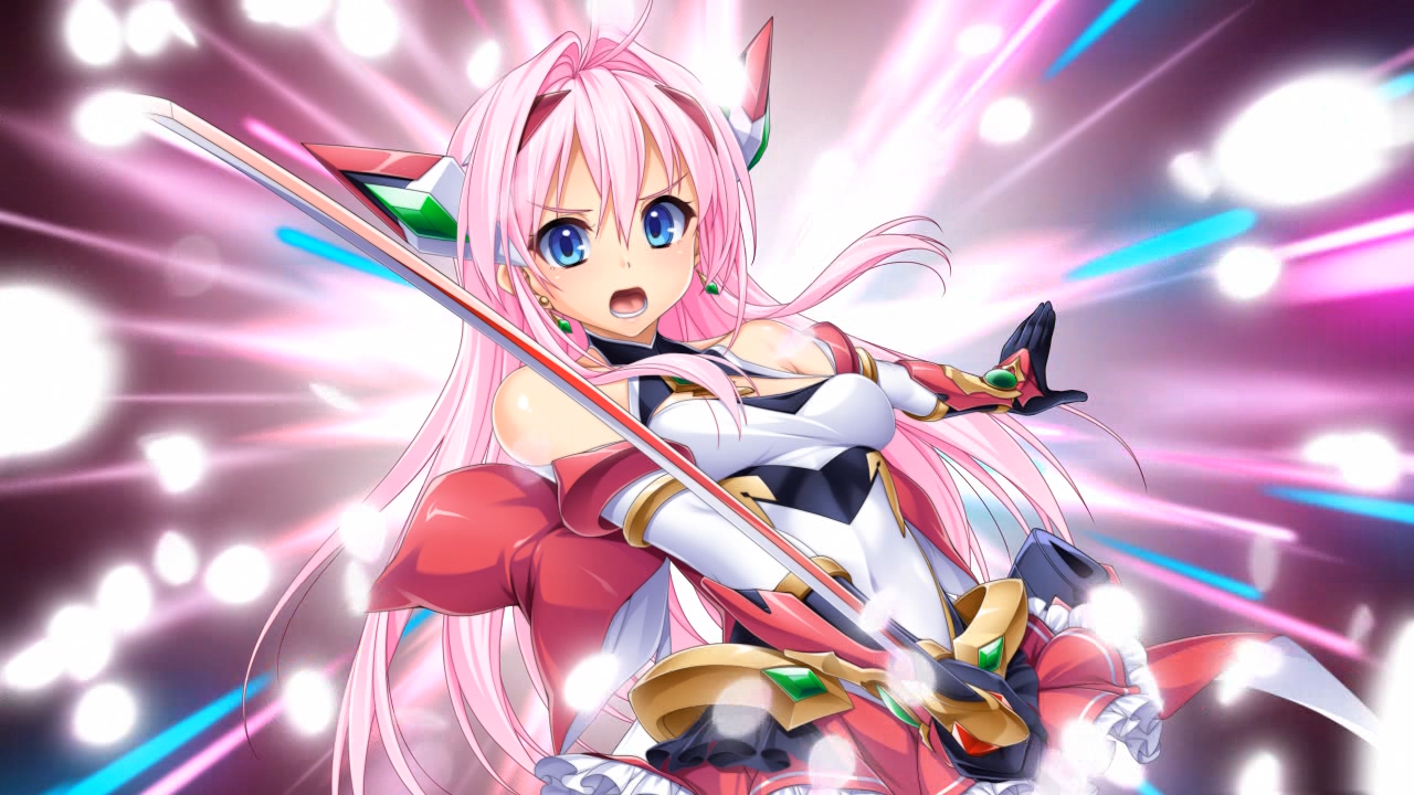 kamitsurugi ouka, aikawa haruno, exs-tia ignis, kouyoku senki exs-tia concert, game cg, non-web source, official art, 1girl, bare shoulders, black gloves, blue eyes, breasts, chest jewel, cleavage, clothing cutout, covered navel, detached sleeves, earrings, elbow gloves, floating hair, frilled skirt, frills, gloves, hair between eyes, hair intakes, hairband, headgear, holding, holding sword, holding weapon, jewelry, leotard, long hair, looking at viewer, magical girl, medium breasts, miniskirt, open mouth, pink hair, pleated skirt, red hairband, red skirt, skirt, solo, standing, sword, very long hair, weapon, white leotard