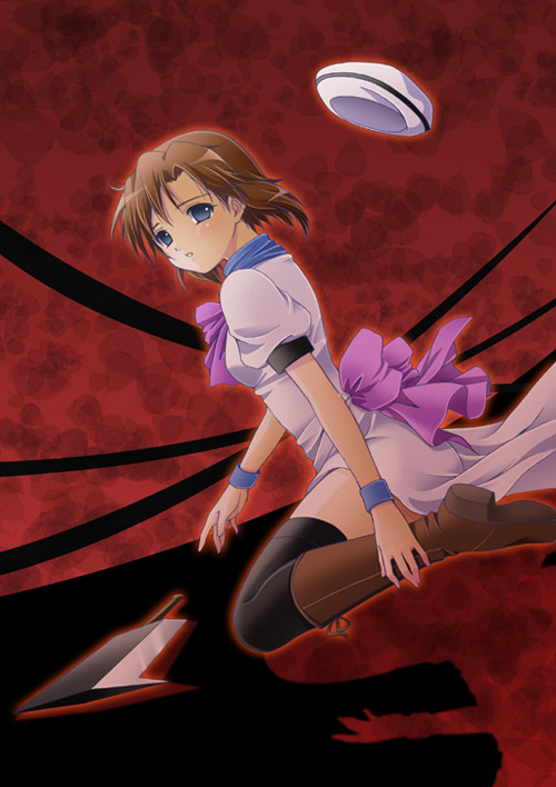 hiyori (nyatto), ryuuguu rena, higurashi no naku koro ni, 00s, 1girl, billhook, brown hair, female focus, hashitsuki nata, hat, hatchet, nata (tool), short hair, solo, thighhighs, wristband