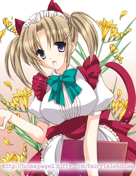 amou mari, original, 1girl, :d, animal ears, apron, blonde hair, bow, bowtie, female focus, flower, freesia (flower), gradient background, hair ornament, hairclip, maid headdress, menu, open mouth, parted bangs, puffy short sleeves, puffy sleeves, short sleeves, smile, solo, tail, twintails, waitress, watermark, web address