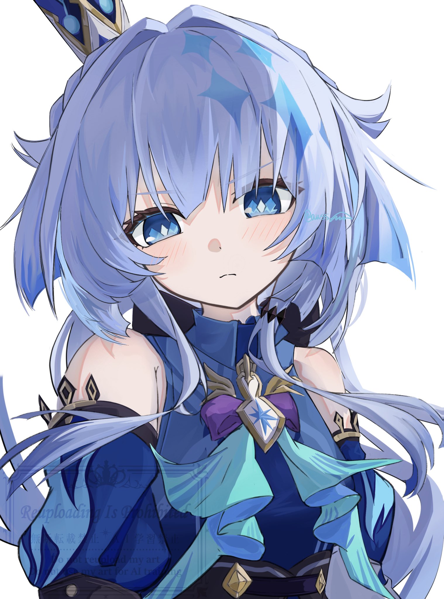 ame pokke, cerydra (honkai: star rail), honkai: star rail, honkai (series), highres, 1girl, bare shoulders, blue dress, blue eyes, blue gemstone, blue hair, blue sleeves, blush, brooch, closed mouth, cross-shaped pupils, detached sleeves, diamond-shaped pupils, diamond (shape), dress, frown, gem, jewelry, long hair, looking at viewer, sidelocks, simple background, solo, symbol-shaped pupils, upper body, white background