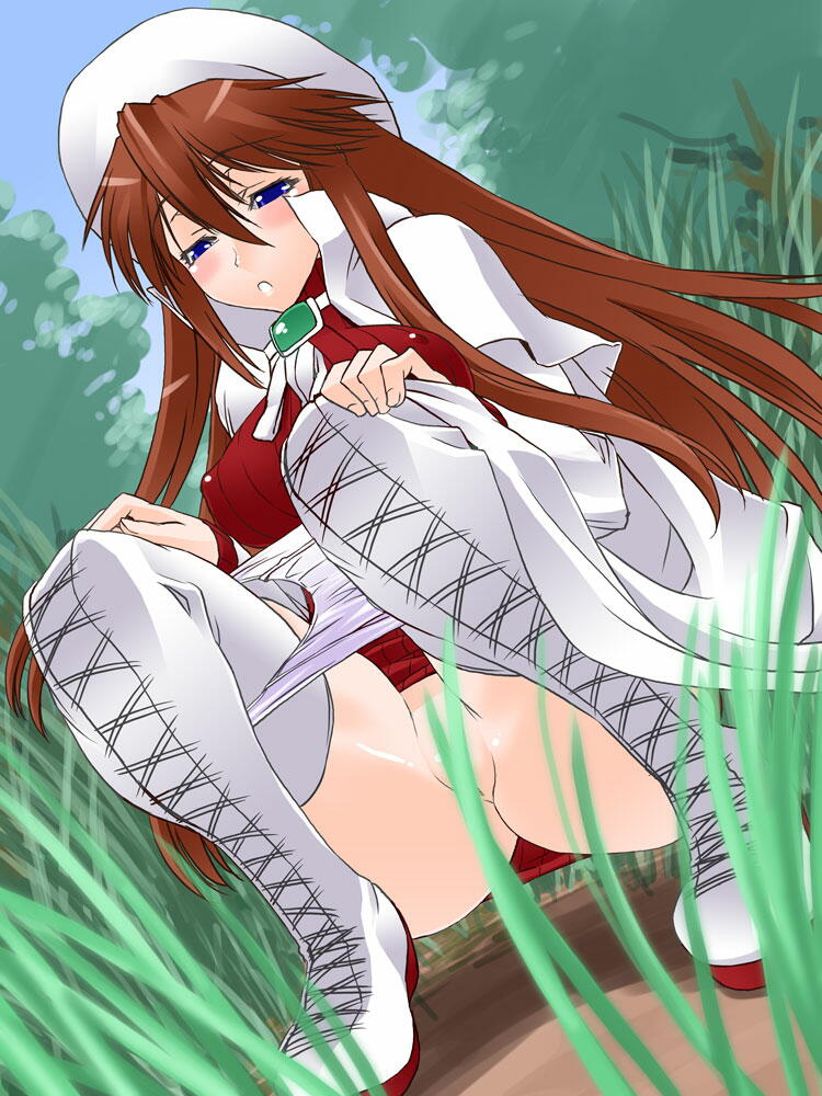 shinama, aty, aty (summon night), summon night, summon night 3, 1girl, blue eyes, boots, brown hair, female focus, hat, long hair, solo, squatting, thigh boots, thighhighs, uncensored, white boots