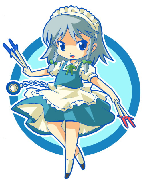 michii yuuki, izayoi sakuya, touhou, 1girl, between fingers, blue eyes, braid, chibi, female focus, hairband, holding, knife, maid, ribbon, short hair, solo, throwing knife, twin braids, weapon