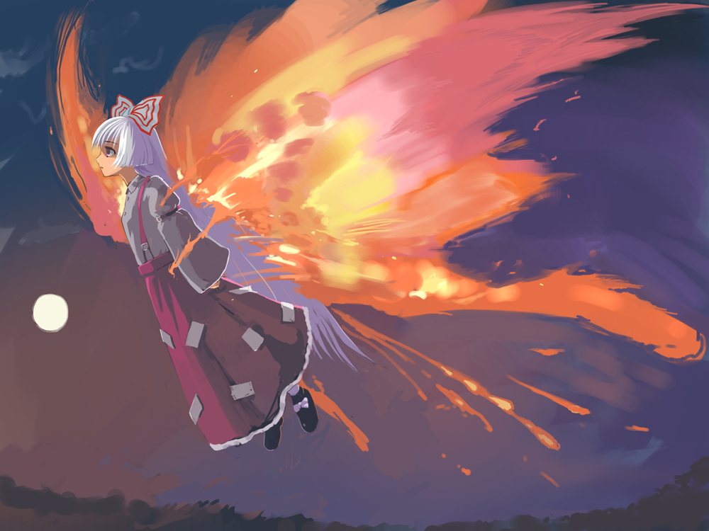 yuugiri (artist), yuugiri (illustyard), yuugiri (u-slash), fujiwara no mokou, touhou, bad id, bad pixiv id, 1girl, female focus, fiery wings, flying, long hair, night, ribbon, solo, white hair, wings