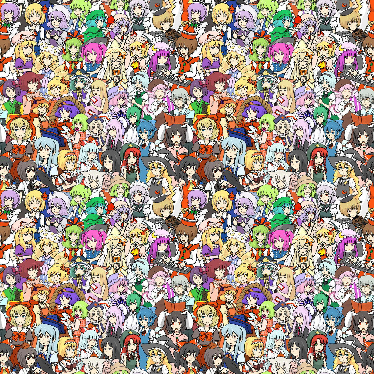 niwa (lulubelle), aki minoriko, aki shizuha, chen, cirno, flandre scarlet, fujiwara no mokou, hakurei reimu, hieda no akyuu, hong meiling, houraisan kaguya, ibuki suika, inaba tewi, inubashiri momiji, izayoi sakuya, kagiyama hina, kamishirasawa keine, kawashiro nitori, kirisame marisa, kochiya sanae, konpaku youmu, konpaku youmu (ghost), letty whiterock, lunasa prismriver, lyrica prismriver, medicine melancholy, merlin prismriver, morichika rinnosuke, moriya suwako, mystia lorelei, onozuka komachi, patchouli knowledge, reisen udongein inaba, remilia scarlet, rumia, saigyouji yuyuko, shameimaru aya, shiki eiki, wally (where's wally), wriggle nightbug, yagokoro eirin, yakumo ran, yakumo yukari, yasaka kanako, embodiment of scarlet devil, perfect cherry blossom, perfect memento in strict sense, phantasmagoria of flower view, touhou, where's wally, silver hair, bad id, bad pixiv id, highres, 6+girls, animal ears, antennae, backpack, bag, black hair, blonde hair, blue hair, book, brown hair, cape, cat, cat ears, detached sleeves, doll, dress, everyone, flower, food, fox tail, fruit, glasses, grapes, green hair, hair bobbles, hair ornament, hat, heida no akyuu, hitodama, ice, instrument, keyboard (instrument), leaf, maid, multiple girls, purple hair, rabbit ears, red eyes, rod of remorse, scythe, tail, tileable, tokin hat, trumpet, twintails, two side up, violin, wings
