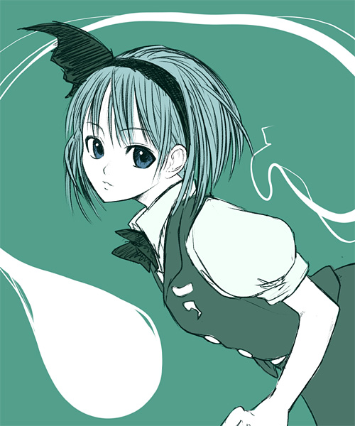 itsukage, konpaku youmu, konpaku youmu (ghost), touhou, 1girl, female focus, ghost, hairband, hitodama, ribbon, school uniform, serafuku, short hair, solo
