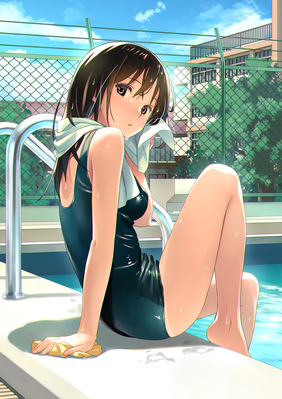koutaro, original, commentary request, 1girl, black eyes, black hair, blue sky, breasts, chain-link fence, day, expressionless, fence, long hair, looking at viewer, medium breasts, one-piece swimsuit, outdoors, pool, sitting, sky, solo, swimsuit, towel, water, wet