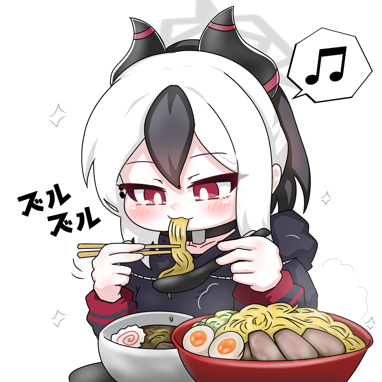 tomimon, kayoko (blue archive), blue archive, commentary request, highres, translation request, 1girl, beamed eighth notes, black hair, black hoodie, blush, bowl, chopsticks, dipping noodles, ear piercing, egg, food, halo, hands up, holding, holding chopsticks, hood, hood down, hoodie, horns, kamaboko, long sleeves, multicolored hair, musical note, narutomaki, noodles, piercing, ponytail, puffy long sleeves, puffy sleeves, ramen, simple background, softboiled egg, solo, sparkle, spoken musical note, two-tone hair, upper body, white background, white hair