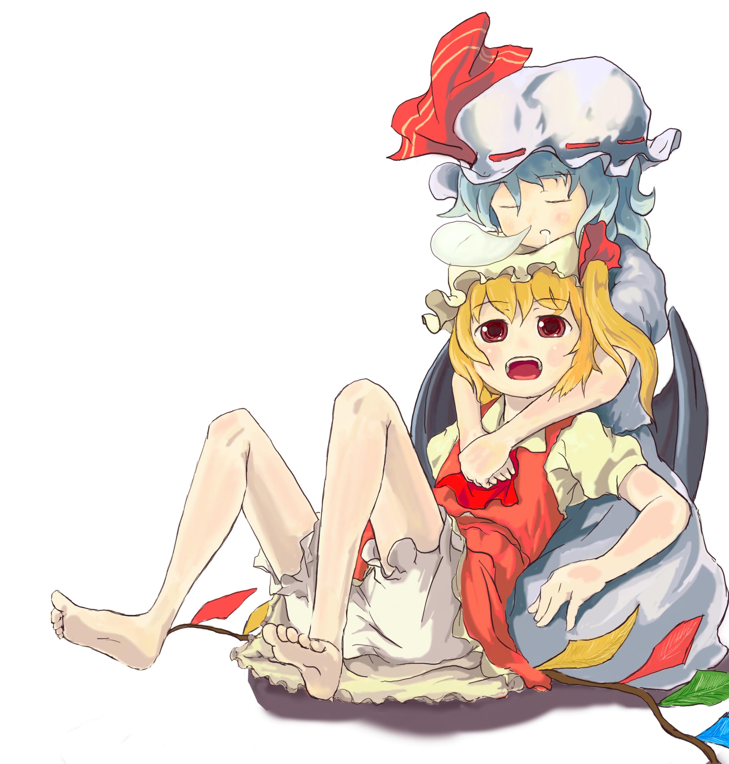 gigokku, flandre scarlet, remilia scarlet, touhou, absurdres, highres, 2girls, barefoot, blonde hair, bloomers, blue hair, feet, female focus, hat, hug, mob cap, multiple girls, red eyes, ribbon, saliva, siblings, simple background, sisters, skirt, sleeping, toes, underwear, white background, white bloomers, wings