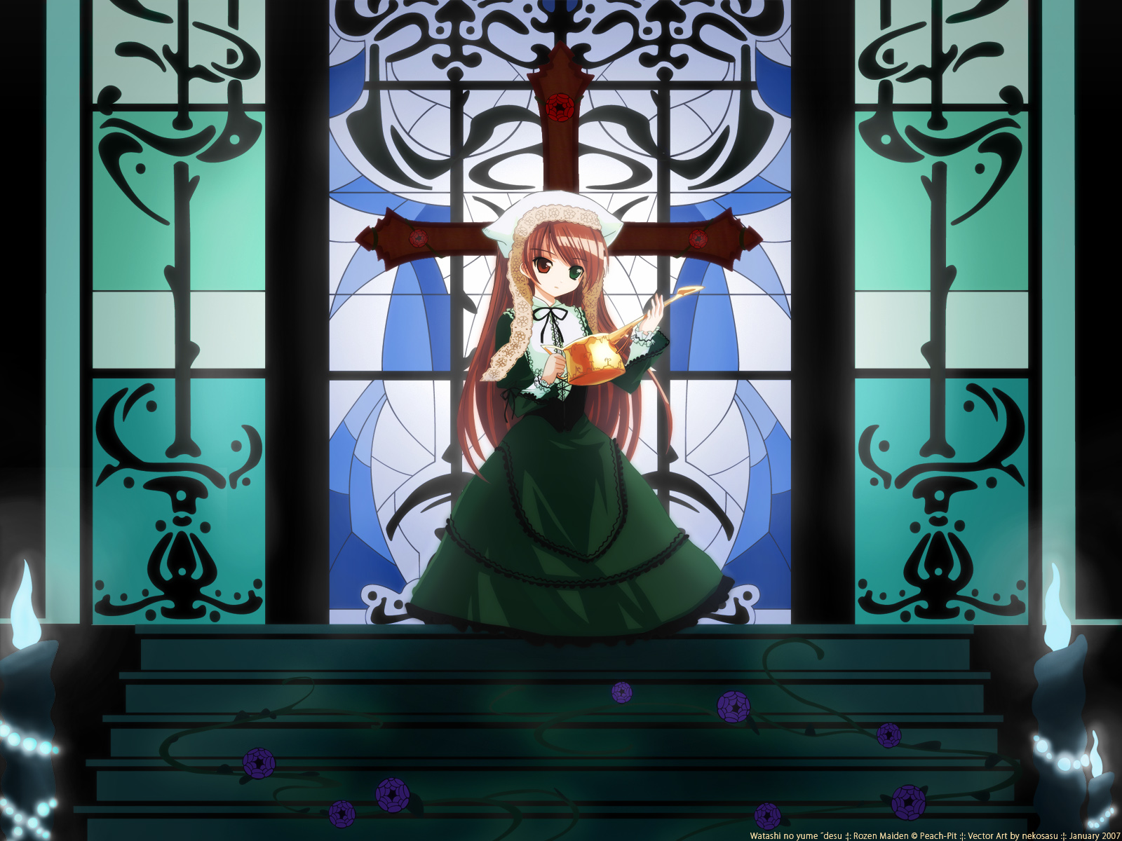 suiseiseki, rozen maiden, highres, 00s, brown hair, candle, church, cross, headscarf, heterochromia, solo, stained glass, stairs, white headscarf