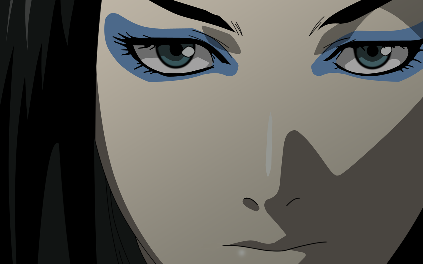re-l mayer, ergo proxy, 00s, 1girl, black hair, blue eyes, eyeshadow, female focus, makeup, portrait, solo