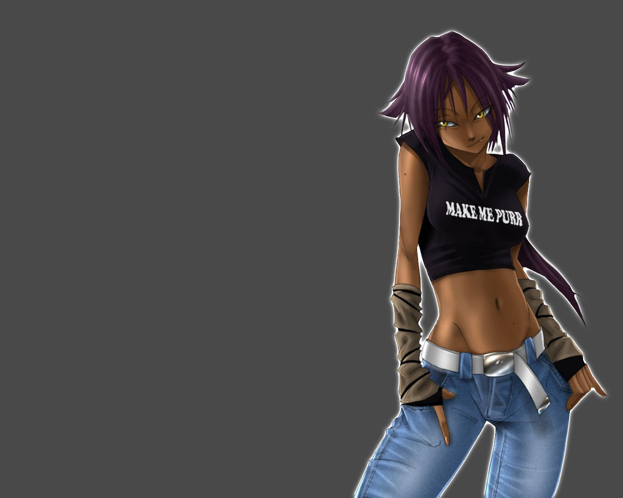 mike nesbitt, shihouin yoruichi, bleach, wallpaper, belt, dark skin, fang, jeans, midriff, mole, purple hair, shirt, yellow eyes