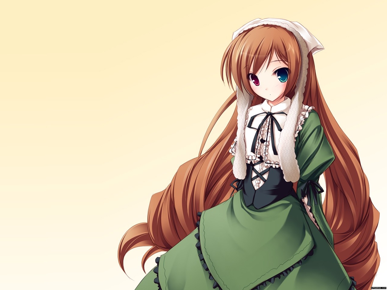 tenmaso, suiseiseki, rozen maiden, 00s, brown hair, dress, frills, green eyes, hairband, headscarf, heterochromia, long hair, red eyes, very long hair, white headscarf