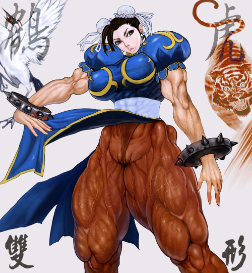 sainticon, chun-li, capcom, street fighter, breasts, brown hair, china dress, chinese clothes, double bun, dress, muscular, pantyhose, thighs, veins