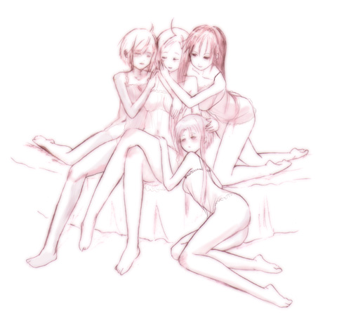 akira ferrari, alicia florence, athena glory, mizunashi akari, aria (manga), lowres, 00s, 4girls, bed, lingerie, monochrome, multiple girls, underwear, yuri