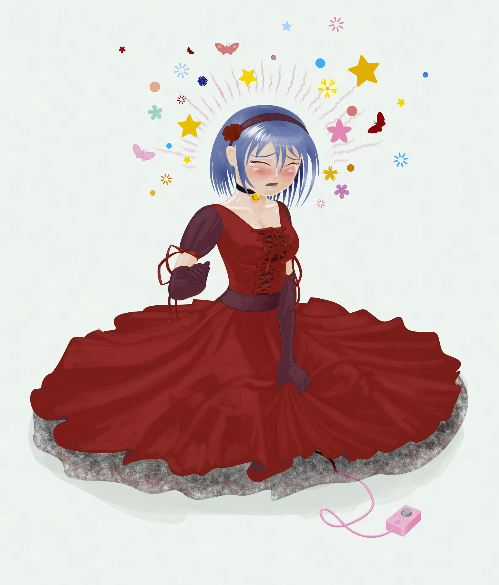 highres, 1girl, blue hair, blush, closed eyes, controller, dress, elbow gloves, female focus, flower, gloves, lolita fashion, open mouth, orgasm, red dress, red theme, remote control, ribbon, sex toy, short hair, sitting, solo, vibrator, zjoriz