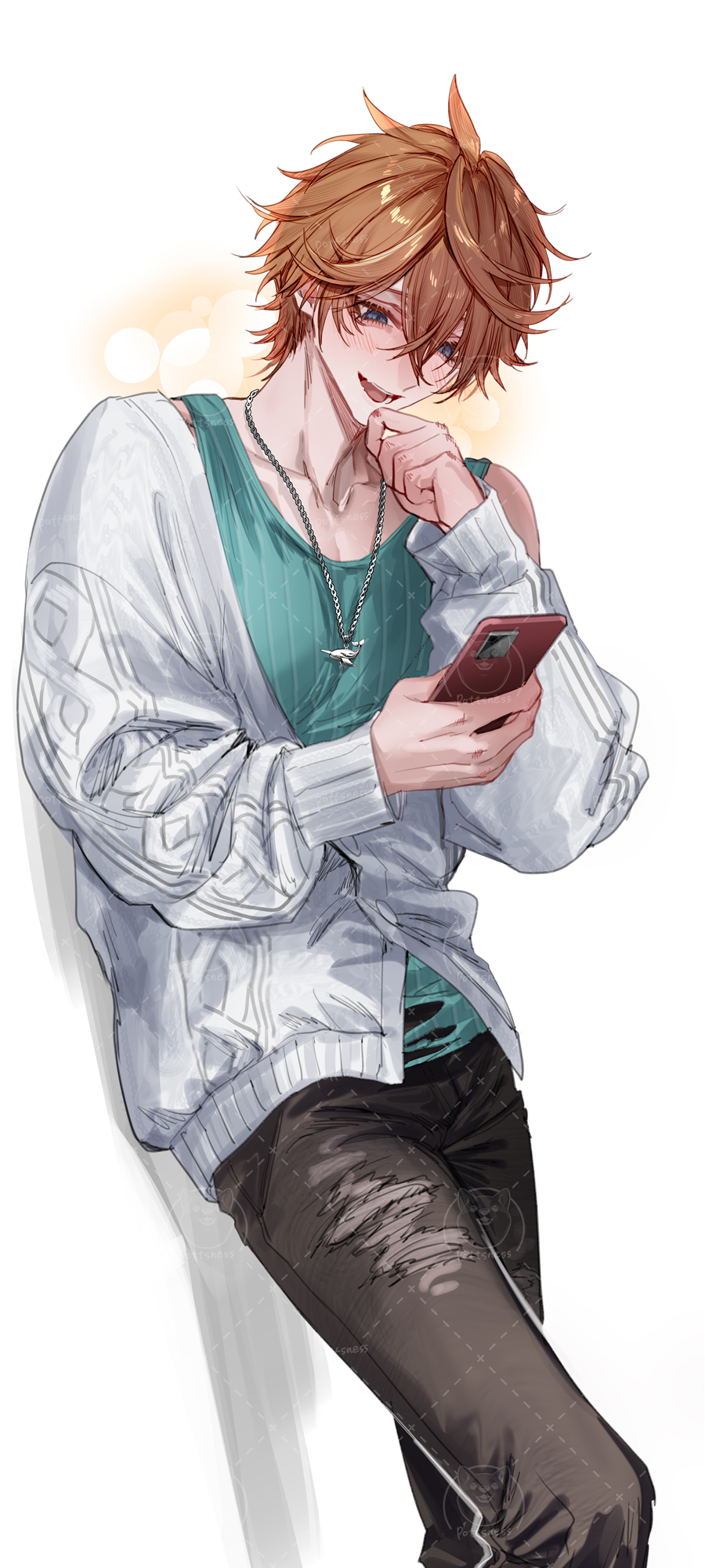 pottsness, tartaglia (genshin impact), genshin impact, highres, 1boy, aqua tank top, black pants, blue eyes, blush, cellphone, hair between eyes, holding, holding phone, jacket, jewelry, male focus, necklace, open mouth, orange hair, pants, phone, short hair, smartphone, smile, solo, sweater jacket, tank top, white jacket