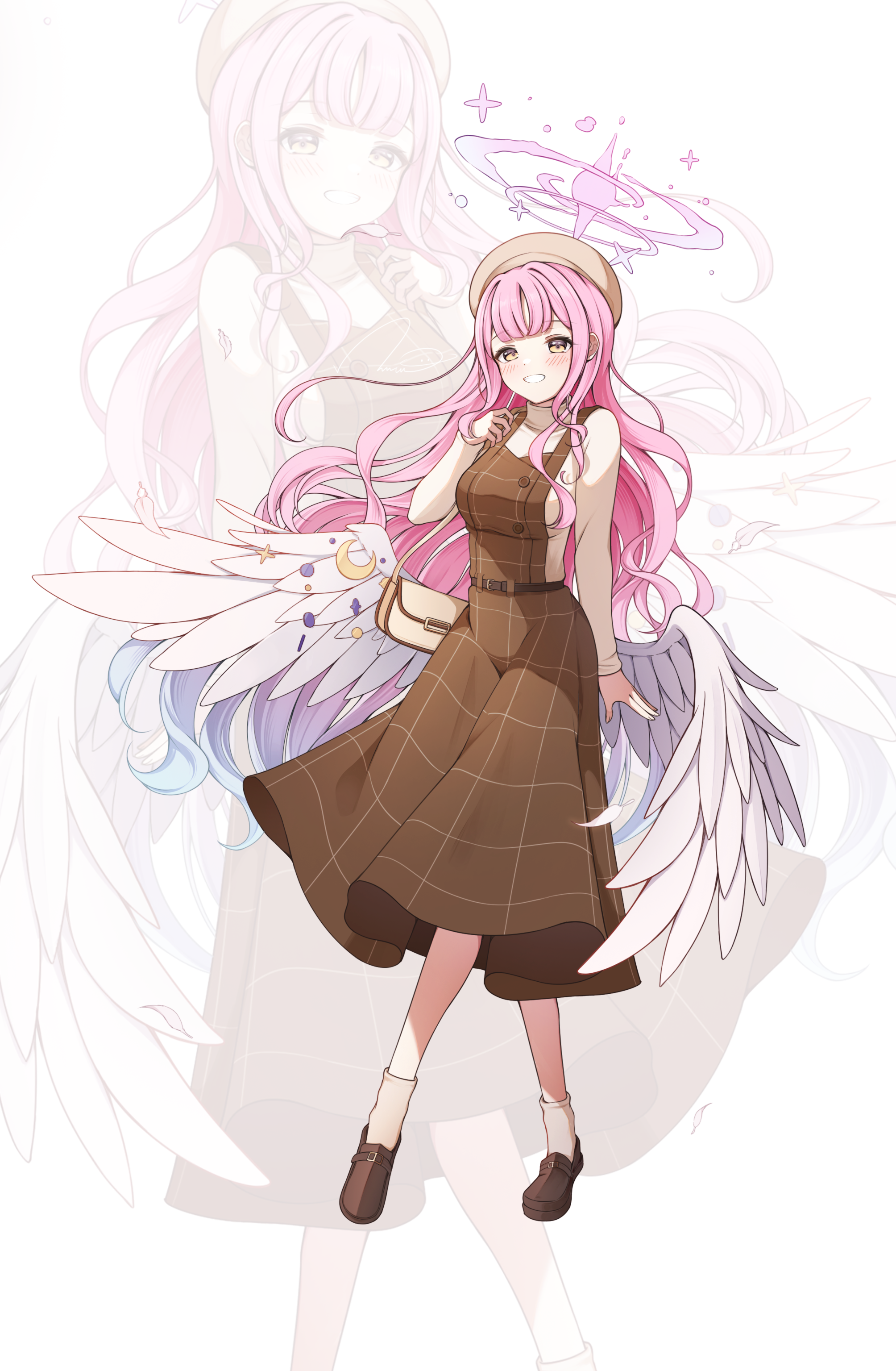 gyeou lee, mika (blue archive), blue archive, absurdres, highres, 1girl, alternate costume, alternate hairstyle, angel wings, aqua hair, bag, beret, blush, breasts, checkered clothes, feathered wings, halo, hat, long hair, long sleeves, low wings, medium breasts, open mouth, pink hair, pink halo, shoulder bag, smile, very long hair, white background, wing ornament, wings