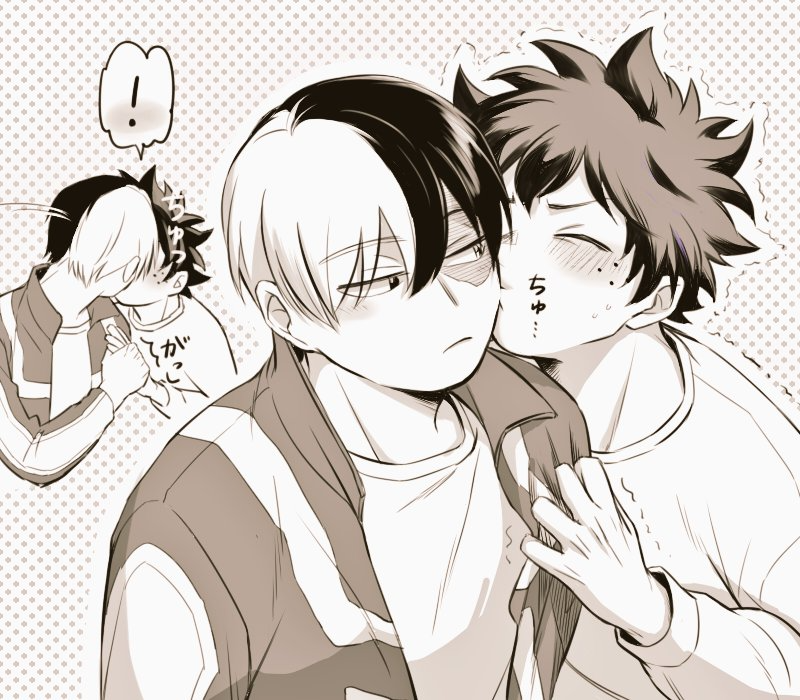 betsu aka2, midoriya izuku, todoroki shoto, boku no hero academia, blush, curly hair, embarrassed, freckles, kiss, multicolored hair, scar, shirt, sportswear, tododeku, two-tone hair, yaoi