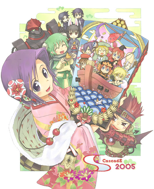 mitto, watanuki nao, ardylia, aty, aty (summon night), bel, bulrell, hasaha, kyle (summon night), le-o-ld, magna, nesty, resi, rexx, scarrel, sonolar, toris, yard, summon night, summon night 2, summon night 3, fur, silver hair, 00s, 2005, 2girls, 4boys, :d, = =, ^ ^, animal ears, bat wings, beret, black hair, blonde hair, blue eyes, blue hair, blush, boat, brown eyes, brown hair, chibi, closed eyes, crossover, demon tail, everyone, facial mark, fang, fish, flower, food, glasses, green eyes, green hair, hair flower, hair ornament, hat, headband, horns, japanese clothes, kimono, long hair, looking back, mecha, multiple boys, multiple girls, new year, open mouth, painting (object), pointer, pointy ears, purple eyes, purple hair, rabbit ears, red eyes, red hair, robot, sash, scarf, short hair, smile, spiked hair, staff, strap, tail, tray, water, watercraft, wings, yellow eyes