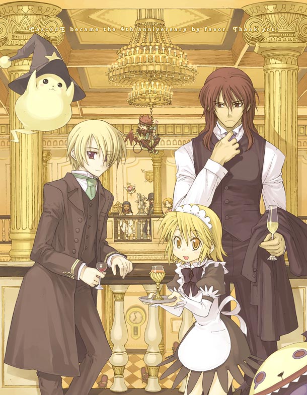 mitto, watanuki nao, bulrell, famy mahn, ioth, jakinie, luvaid, minis, summon night, summon night 2, lu, 3girls, 4boys, :3, :d, ^ ^, alcohol, apron, balcony, bat wings, black hair, blonde hair, blush, bow, bowtie, brown eyes, brown hair, chandelier, checkered floor, child, clock, closed eyes, coat, cup, dark skin, demon tail, dress, drinking glass, everyone, flat chest, floor, flying, formal clothes, frown, hair over one eye, hat, long hair, maid, maid apron, maid headdress, multiple boys, multiple girls, necktie, open mouth, perspective, pirate, red hair, short hair, smile, spiked hair, star (symbol), suit, tail, tray, trench coat, vest, wine, wine glass, wings, wizard hat, yellow eyes, yellow theme