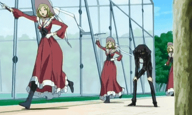 lelouch vi britannia, milly ashford, code geass, animated, animated gif, anime screenshot, lowres, third-party edit, 00s, 1boy, 6+girls, clone, dress, exhausted, hat, hat ribbon, heavy breathing, multiple girls, ribbon, riding crop, running, skinny, what